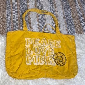 PINK Yellow Peace Love Pink Tote Bag Yellow White